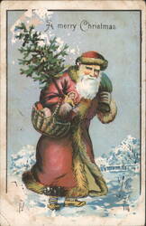 Santa Claus Carrying Christmas Tree & Basket of Toys in Snow Postcard