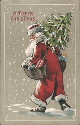 Santa Claus Carrying Christmas Tree and Basket of Toys in Snow Postcard
