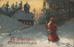 Santa Claus Carrying Christmas Tree in Snowy Landscape with Church Postcard