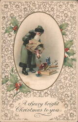 Santa Claus emptying basket of toys, holly border, 'A cheery bright Christmas to you' Postcard