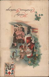 Hearty Christmas Greetings with Santa Claus, Children, and Christmas Tree Postcard