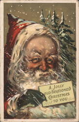 Santa Claus with 'A Jolly Old Fashioned Christmas 1908' Sign Postcard