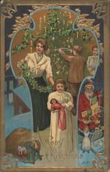 Family Decorating Christmas Tree, Santa Claus with Children and Toys Postcard