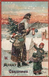 Santa Claus with Toys and Children in Snowy Village Postcard
