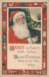 Santa Claus with Phonograph, Christmas Tree & Cheery Wish Greeting Postcard