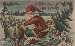 Santa Claus in Sleigh with Reindeer, Delivering Gifts, A Merry Christmas Postcard