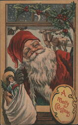 Santa Claus Looking Through Window with Reindeer & Sleigh Postcard