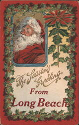 Santa Claus with Holly & Poinsettia, Season's Greetings from Long Beach Postcard
