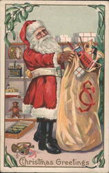 Santa Claus with Sack of Toys, Christmas Greetings Postcard