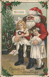 Santa Claus with Two Girls and Christmas Tree, Christmas Greetings Postcard