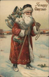 Santa Claus with Bells and Staff in Snowy Landscape, A Merry Christmas Postcard