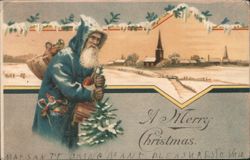 Santa Claus in Blue Coat with Toys and Christmas Tree in Snowy Village Postcard