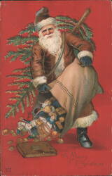 Santa Claus with Sack of Toys and Coins, A Merry Christmas Postcard