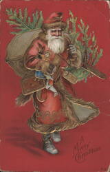 Santa Claus with Fur-Trimmed Coat, Sack of Toys, and Christmas Tree Branch Postcard