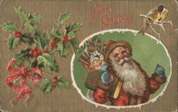 Santa Claus with Address Book, Toys, Holly & Bird, A Merry Christmas Postcard