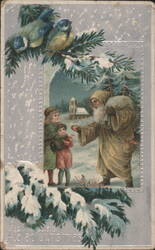 Santa Claus Giving Gifts to Children, Snowy Christmas Scene with Birds Postcard