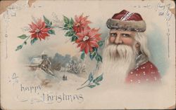 Santa Claus with Poinsettias and Snowy Church Scene, A Happy Christmas Postcard