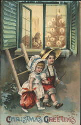 Christmas Greetings with Children, Santa Claus, and Lit Tree in Window Postcard