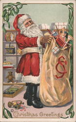 Santa Claus with Sack of Toys, Christmas Greetings Postcard