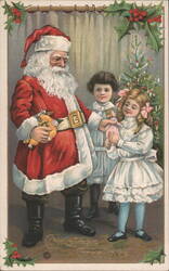 Santa Claus with Boy and Girl, Christmas Tree and Holly Border Postcard