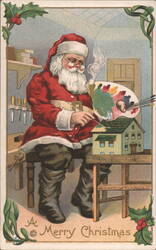 Santa Claus Painting Miniature House, Merry Christmas Postcard