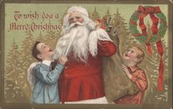 Merry Christmas Santa Claus with Two Boys and Wreath Postcard