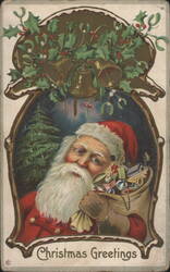 Santa Claus with Sack of Toys & Christmas Tree, Christmas Greetings Postcard