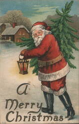 Santa Claus with Christmas Tree and Lantern in Snow, A Merry Christmas Postcard