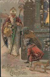 Saint Nicholas with Children & Sled, All Good Wishes for Christmas Postcard