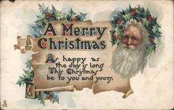 A Merry Christmas Santa Claus with Holly and Berries Greeting Postcard