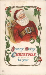 Santa Claus with Elf and Horn, Holly & Mistletoe Frame Postcard