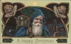Father Christmas in Blue Cloak with Angels, Snowy Village, 'A Happy Christmas' Postcard