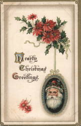 Dearly Christmas Greetings with Santa Claus Portrait & Poinsettias Postcard