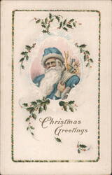 Santa Claus in Blue Coat with Toys and Christmas Greetings Postcard
