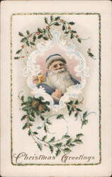 Smiling Santa Claus in Holly Frame with Christmas Greetings Postcard