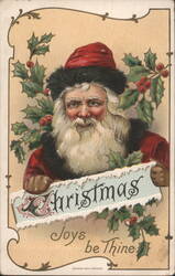 Santa Claus holding 'Christmas Joys be Thine' banner with holly Postcard