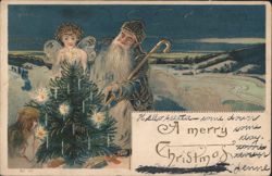 Santa Claus, Angel, and Child Decorating Christmas Tree Postcard