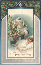 Santa Claus with Christmas Tree & Elf Visiting Sleeping Child Postcard