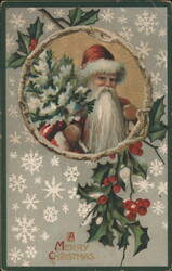 Santa Claus with Christmas Tree, Holly, and Snowflakes Postcard