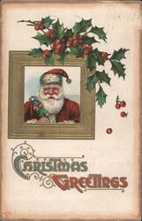 Santa Claus Portrait with Holly, Christmas Greetings Postcard