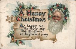 Merry Christmas Santa Claus with Holly and Scroll Greeting Postcard