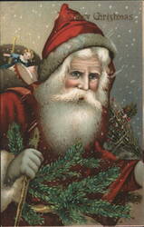 A Merry Christmas Santa Claus with Toys and Fir Branch Postcard