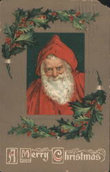 Santa Claus in Red Hooded Robe with White Beard and Holly Wreath Postcard