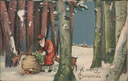 A Merry Christmas: Santa-like figure with deer in snowy forest Postcard
