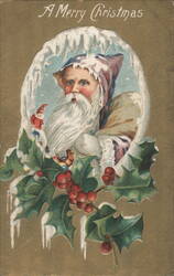 Santa Claus in Icy Frame with Holly & Berries, A Merry Christmas Greeting Postcard
