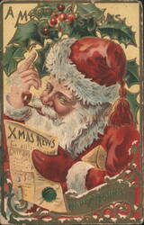Santa Claus Reading 'XMAS NEWS' with Holly, A Merry Christmas Postcard