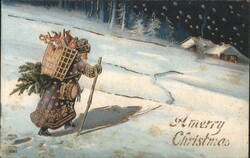 Santa Claus Walking Through Snow with Toys and Christmas Tree Postcard