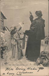 Santa Claus & Angel with Christmas Visiting List in Snowy Scene Postcard
