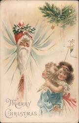 Winged Santa-like Figure with Children, Merry Christmas Greeting Postcard