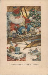Santa Claus in Flying Machine Delivering Presents Down Chimney Postcard